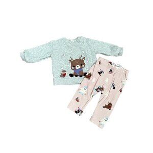 H&M Baby Deer & Bird Print Sweatshirt & Pants Set  0-6M  Cotton Blend
